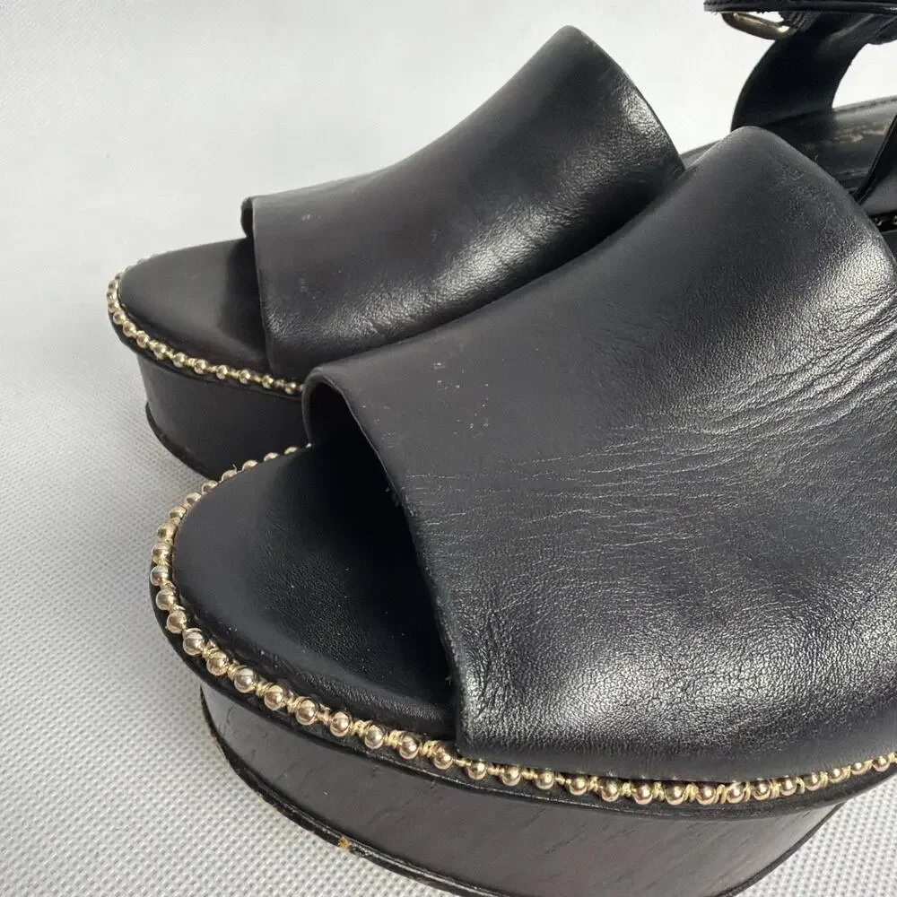 Coach Harla Black Leather Wood Wedge Platform Sandals